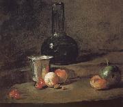 Jean Baptiste Simeon Chardin Wine glass bottles fitted five silver Cherry wine a two peach apricot, and a green apple oil painting reproduction